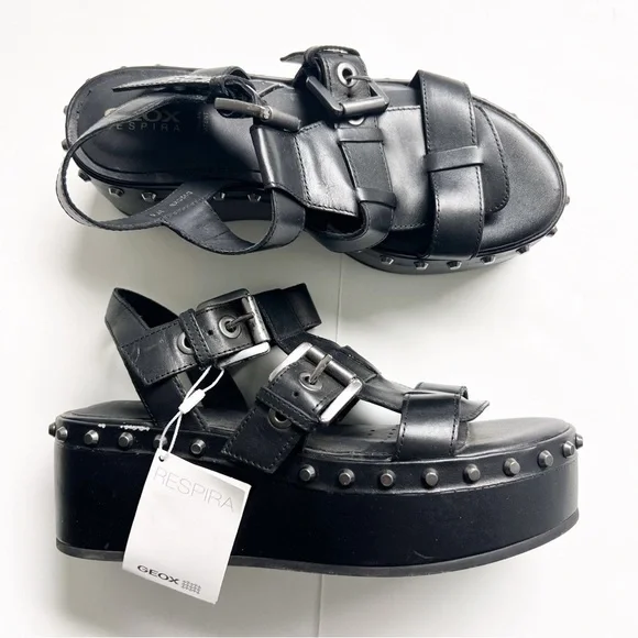 GEOX Shakima Platform Sandal In Black Retro Grunge New Womens Shoes - Picture 1 of 8